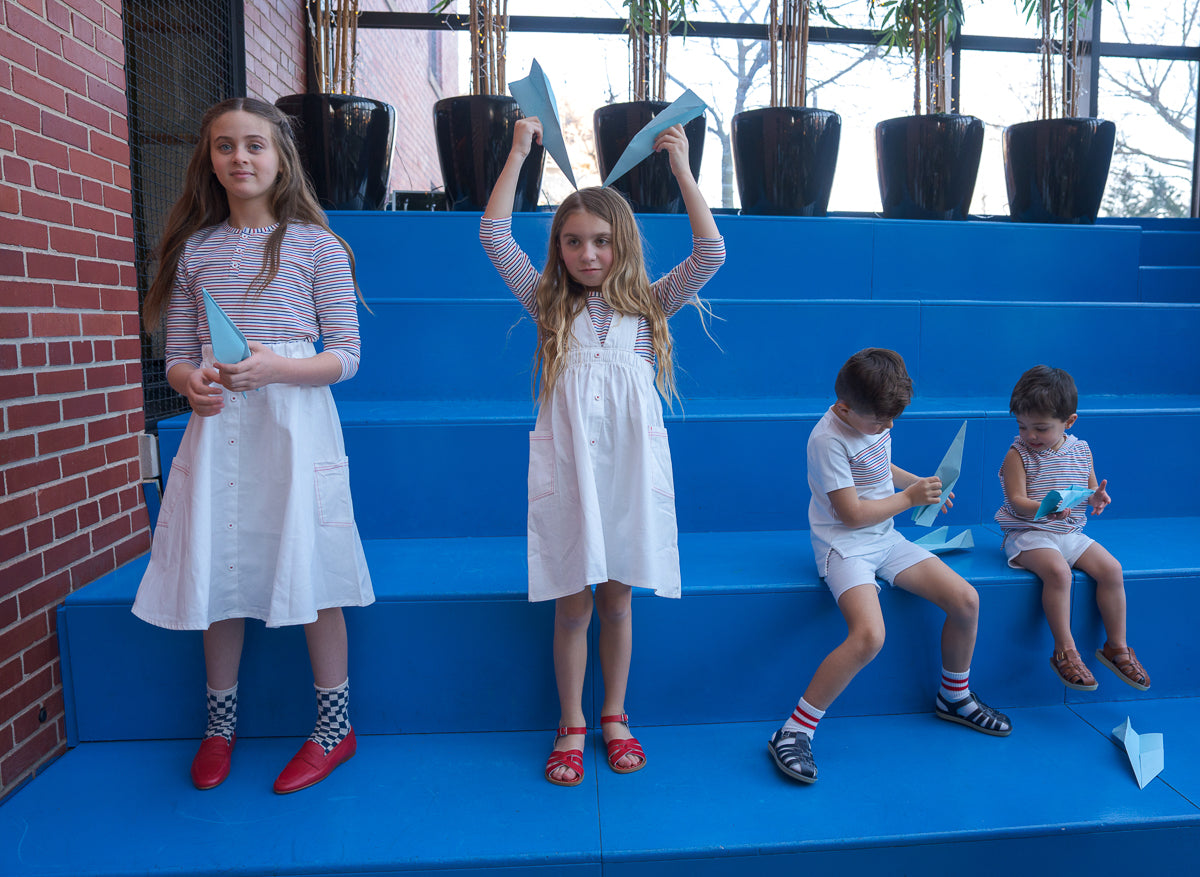 Striped Umbrella Dress-3/4 Sleeves-White