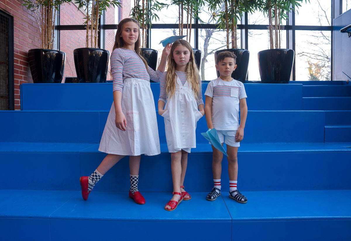 Striped Umbrella Dress-Long Sleeves-White