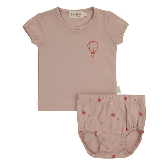 Air Balloon Print Short Set-Pink Solid Top