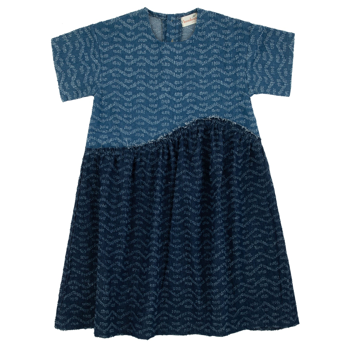 Textured Two Tone Denim 3/4 Sleeve Dress