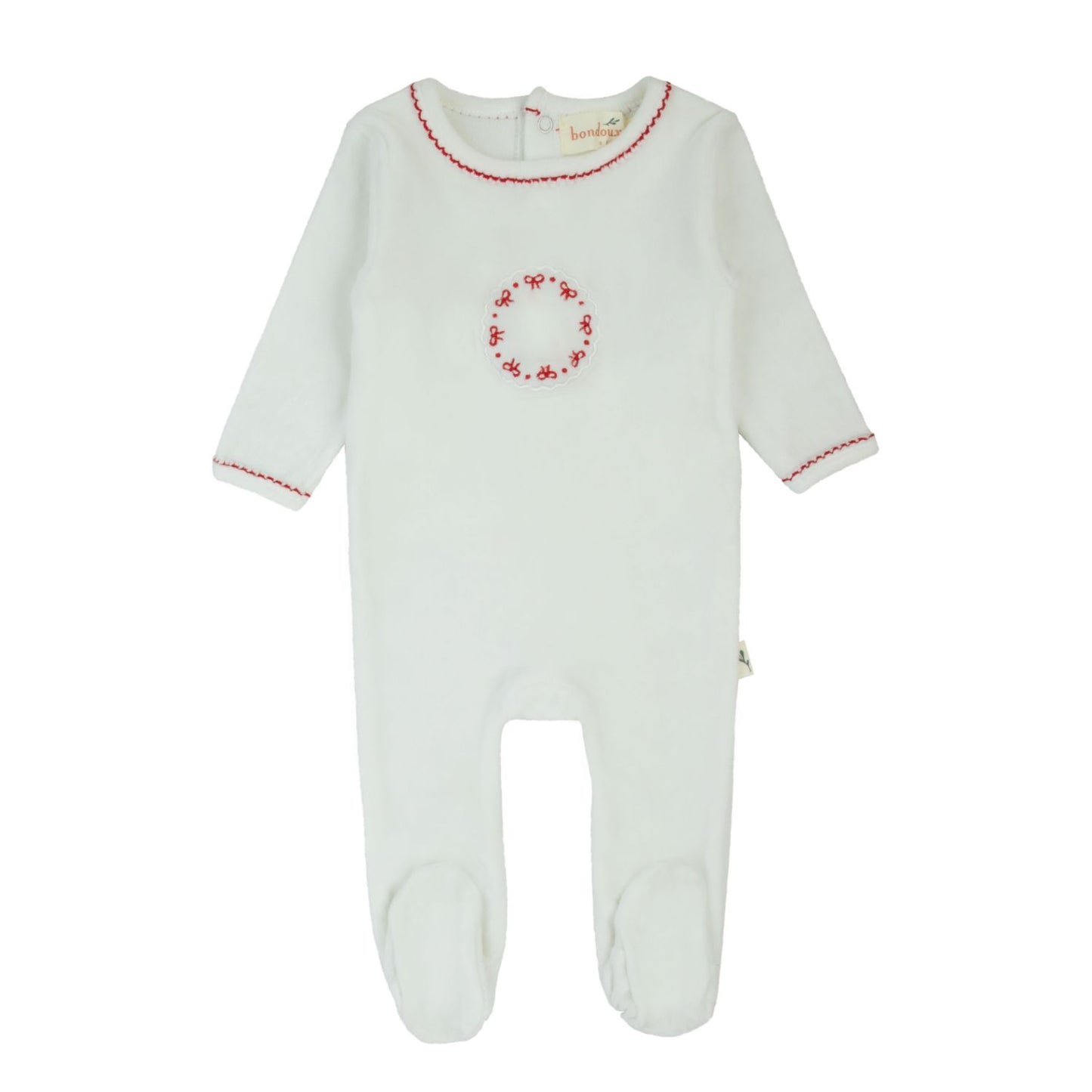 Bow Velour Footie-White & Red