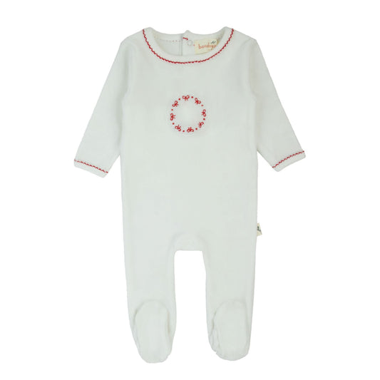 Bow Velour Footie-White & Red