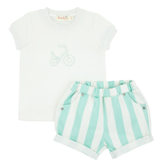 White Top With Neon Green Striped 2Pcs Set