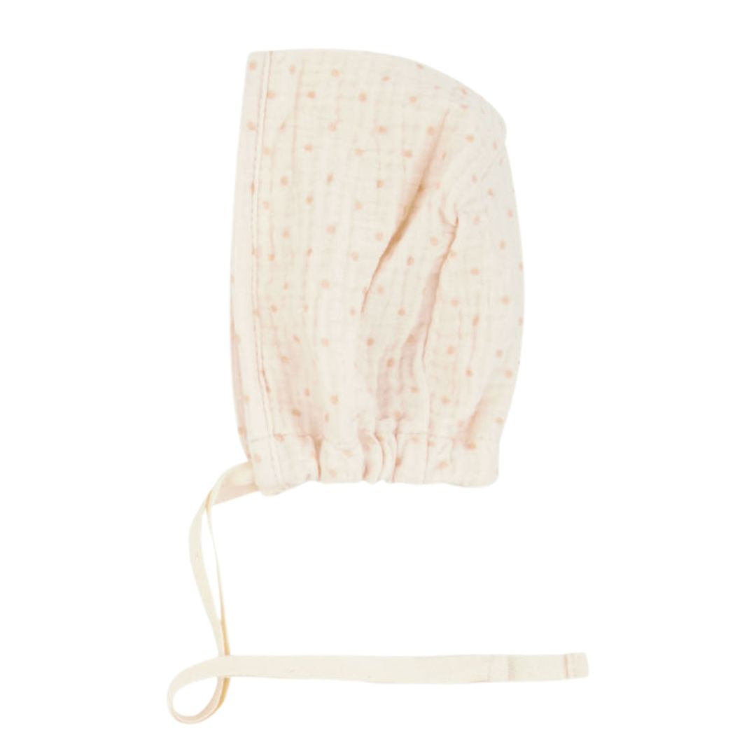 White Muslin Girls Bonnet With Pink Print