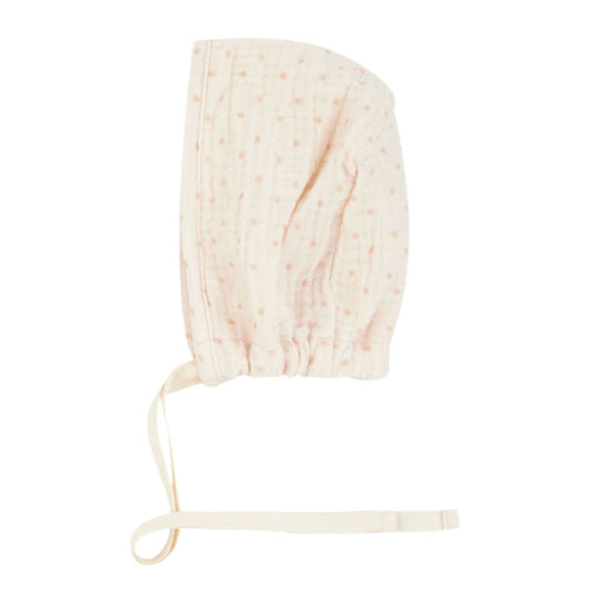 White Muslin Girls Bonnet With Pink Print
