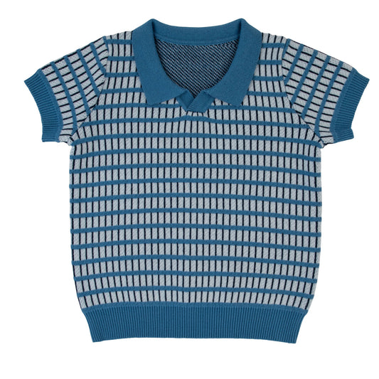 Windowpane Knit Short Sleeve Sweater-Blue