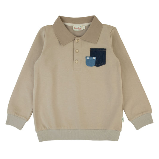 Denim Pocket Polo-Long Sleeves-Beige