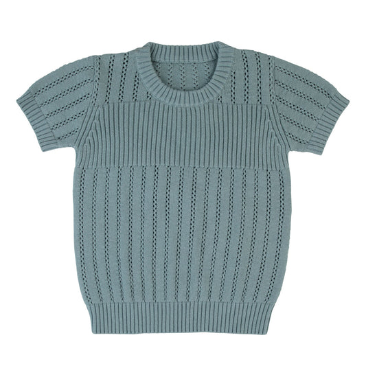 Pointelle Knit Short Sleeve Sweater- Blue Teal