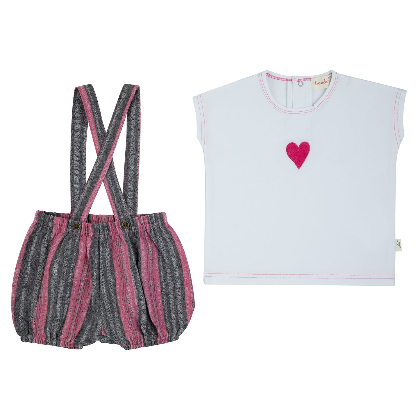 Black and Pink Striped Short Overalls Set