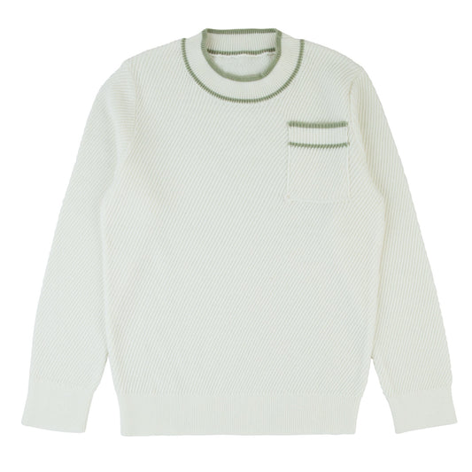 Green Trim Knit Long Sleeve Sweater White