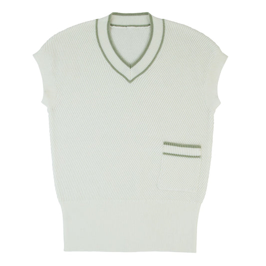 Green Trim Knit Vest White