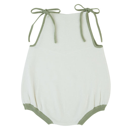 Green Trim Knit Romper White