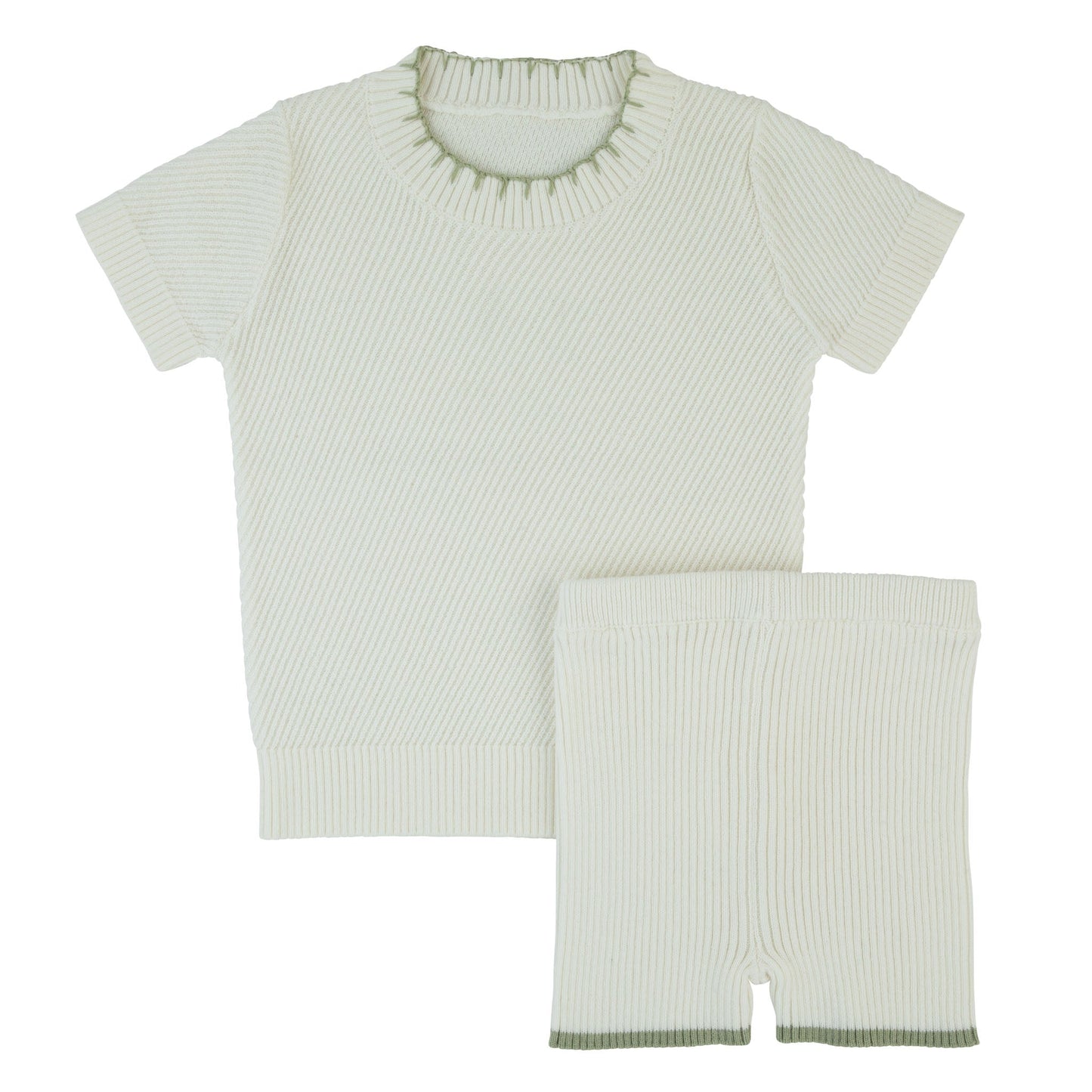 Green Trim Knit 2 Piece White Set