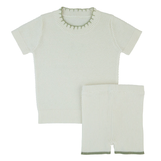 Green Trim Knit 2 Piece White Set