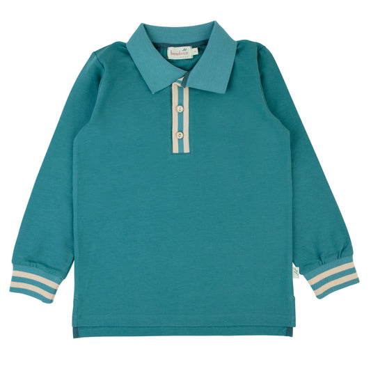 Beige Striped Polo-Long Sleeves-Teal