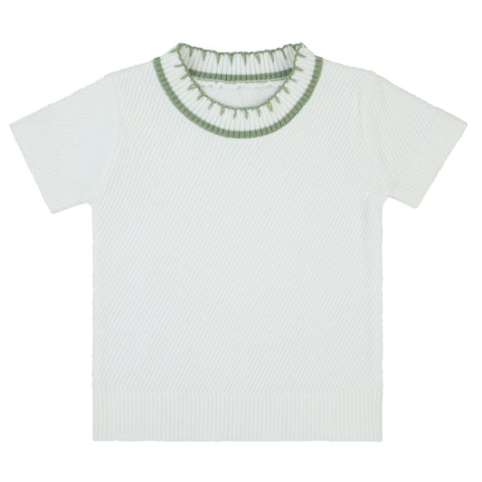 Green Trim Knit Short Sleeve Sweater White