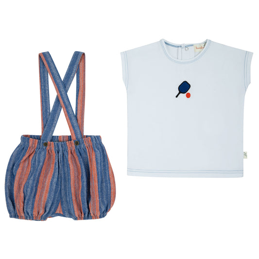 Blue and Orange Striped Short Overalls Set