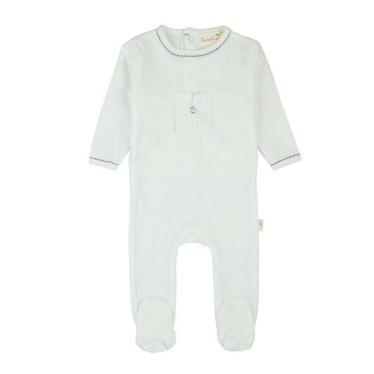Stitched Velour Footie-White & Blue
