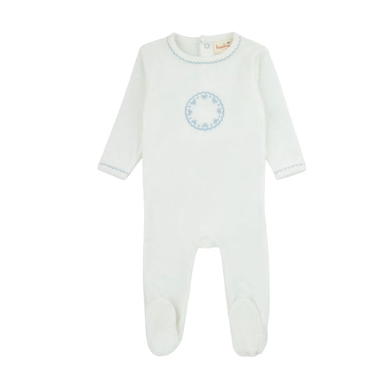 Bow Velour Footie-White & Blue