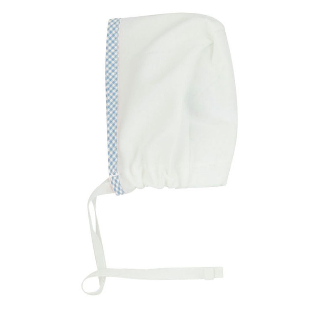 Petite Blue Gingam Trim White Bonnet