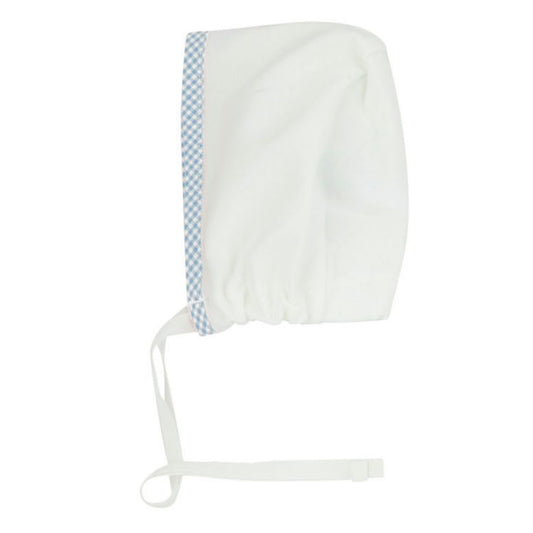 Petite Blue Gingam Trim White Bonnet