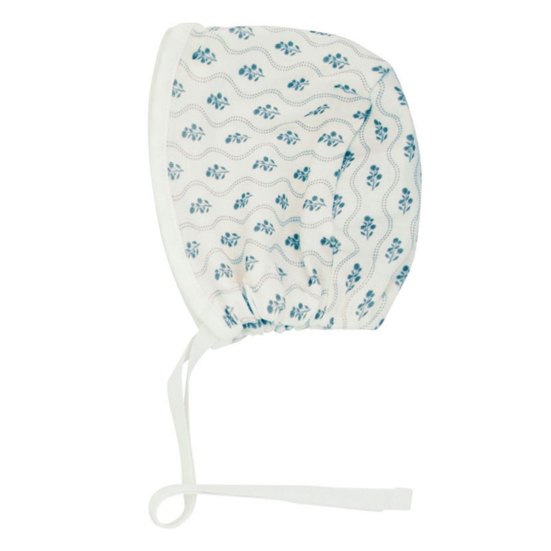 Blue Scalloped Print Boys White Bonnet