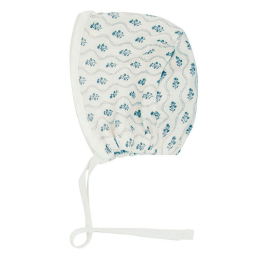 Blue Scalloped Print Boys White Bonnet
