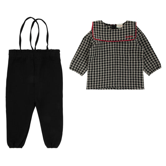 Red Piping Gingham Shirt W/Black Overalls