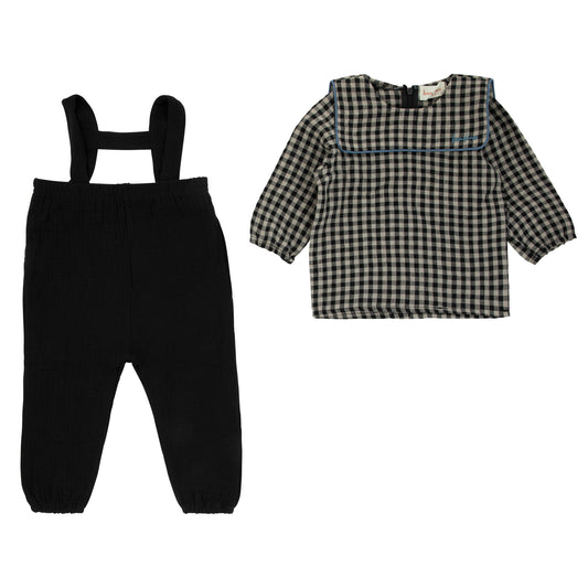 Blue Piping Gingham Shirt W/Black Overalls