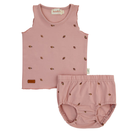 Leaf Print Short Set-Pink