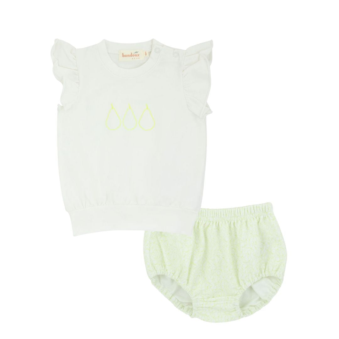 Lime Green Fruit Print Girl White Top 2Pcs Set