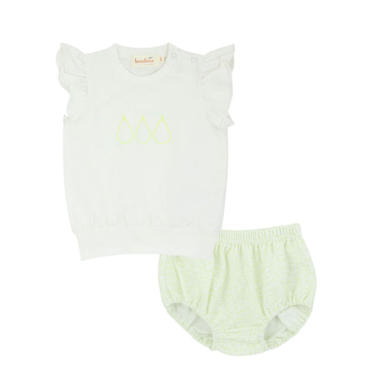 Lime Green Fruit Print Girl White Top 2Pcs Set