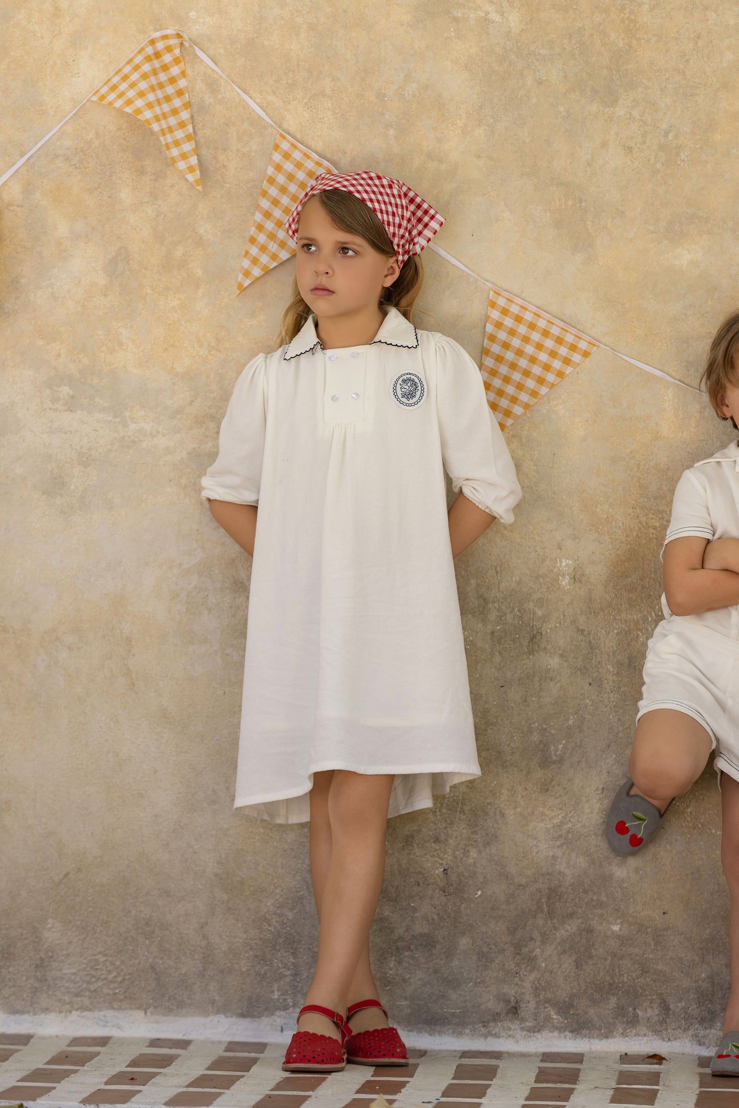 Navy Detailed White Dress