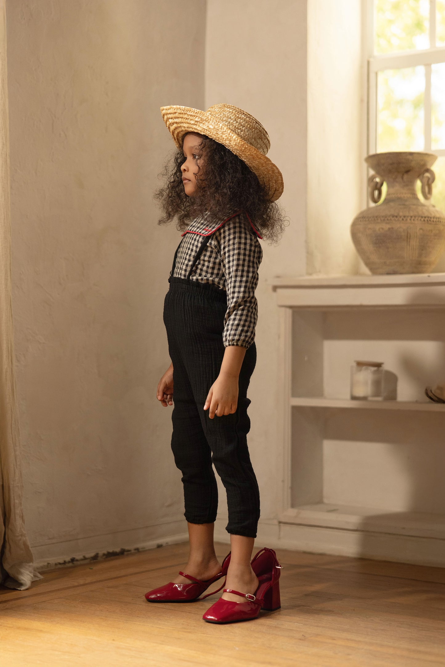 Blue Piping Gingham Shirt W/Black Overalls
