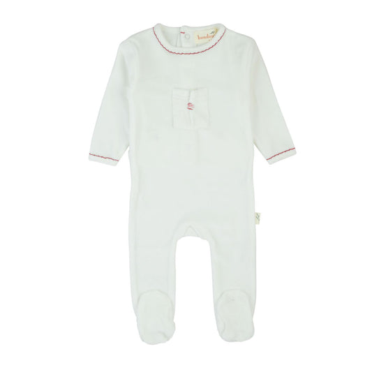 Stitched Velour Footie-White & Mauve