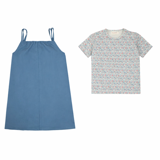 House Print Short Sleeve  Blue Jumper Set