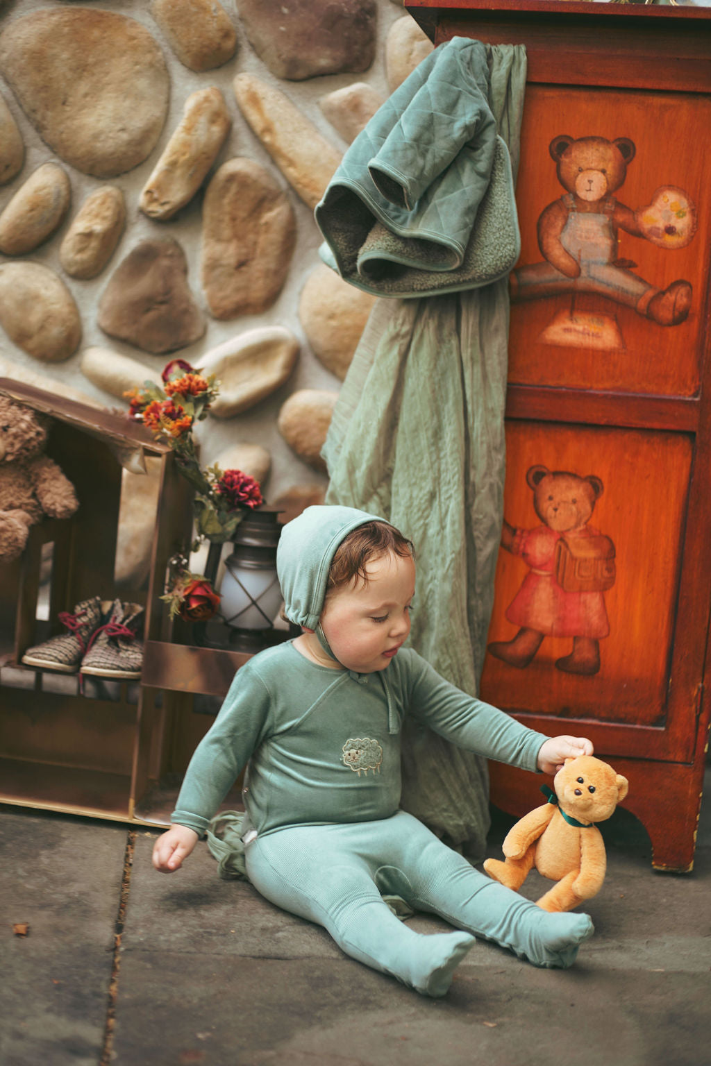 Sheep Velour Footie-Green