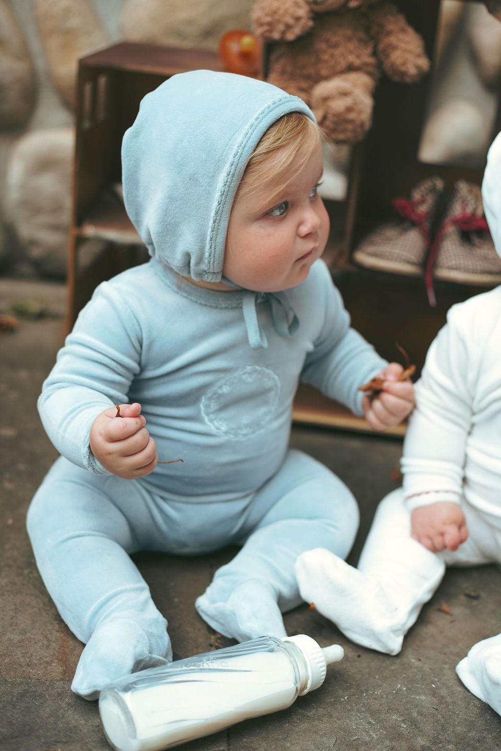 Bow Velour Footie-Blue