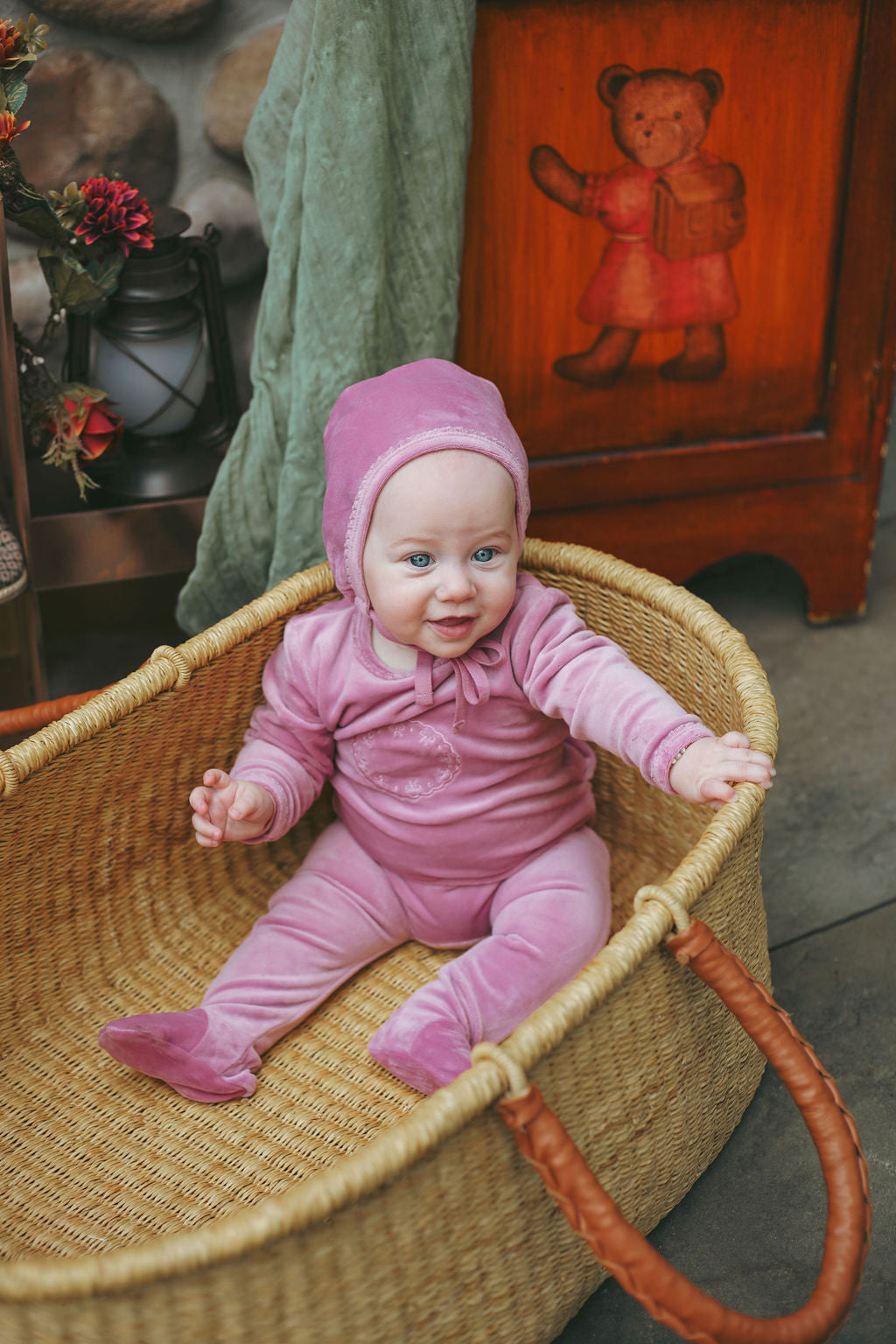 Bow Velour Footie-Blush