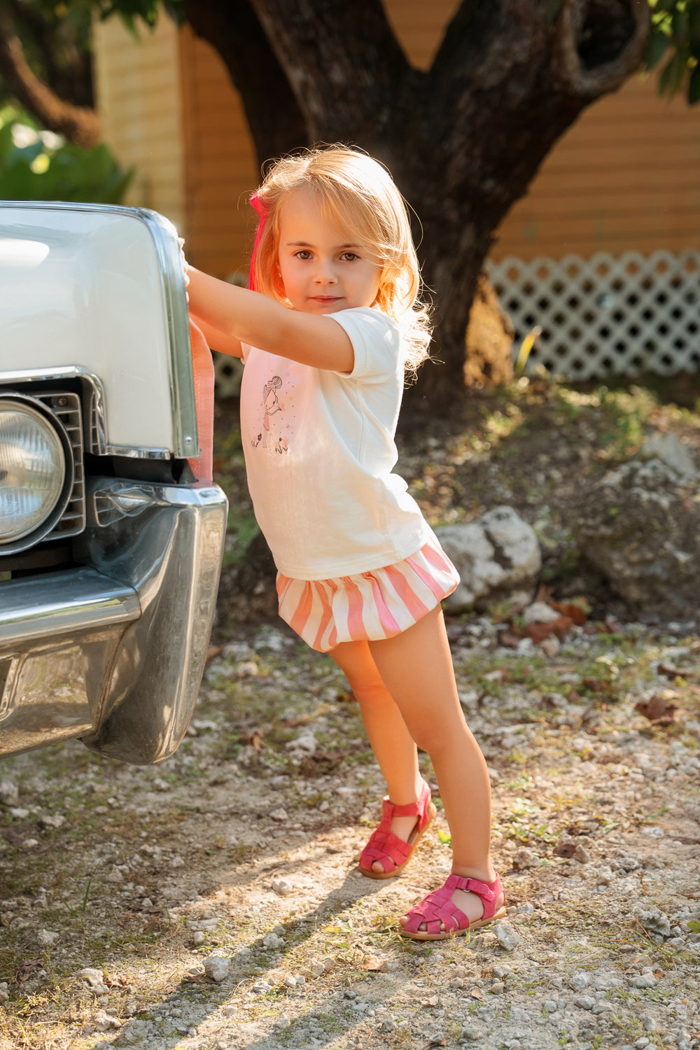 White Top With Neon Pink Striped 2Pcs Set