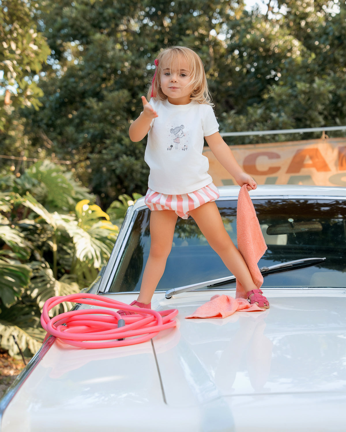 White Top With Neon Pink Striped 2Pcs Set