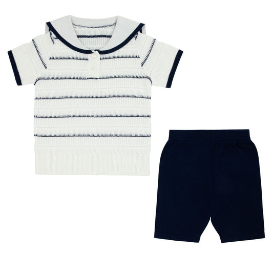 Navy Detailed White Knit Short Sleeve Set