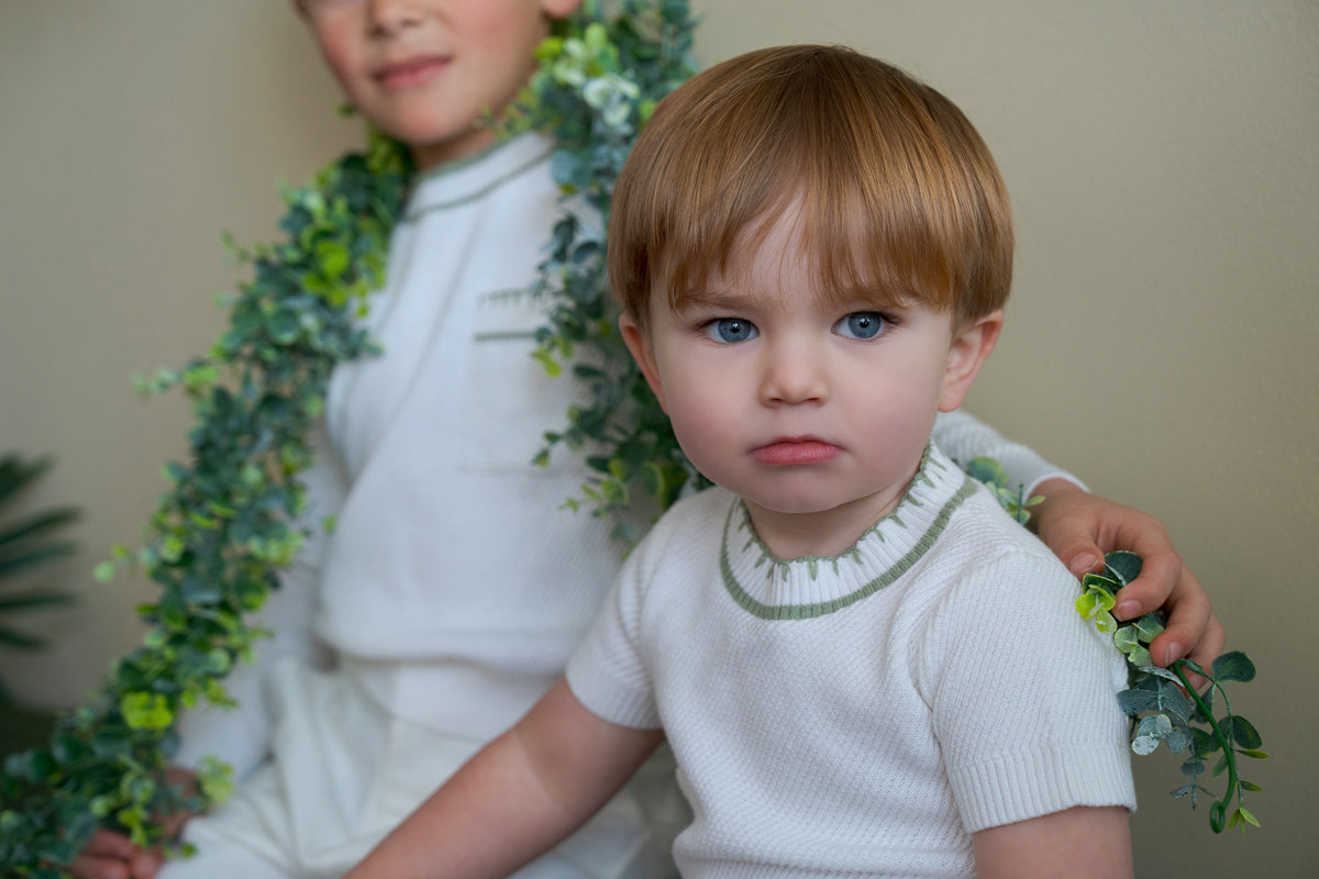 Green Trim Knit Short Sleeve Sweater White