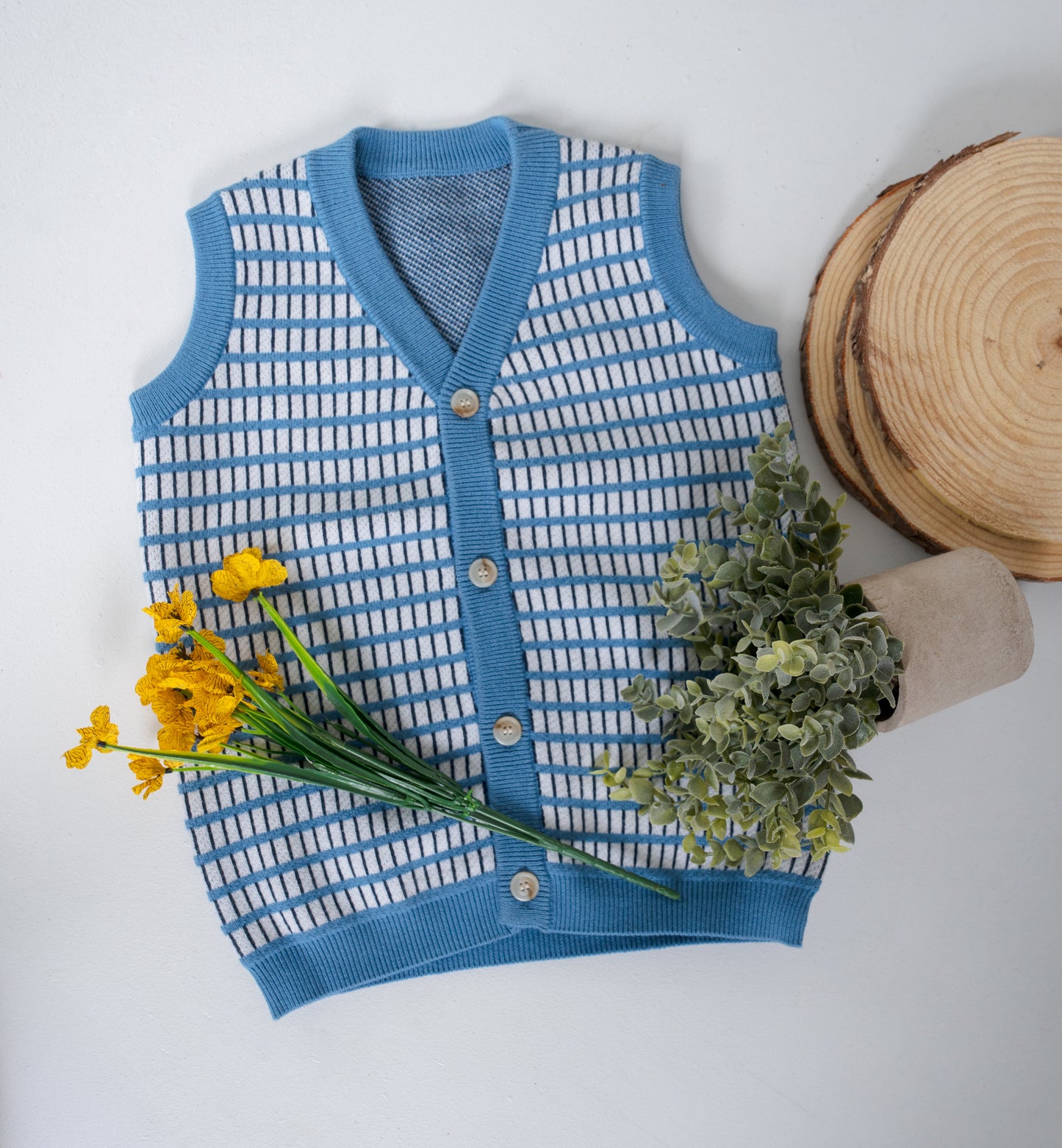 Windowpane Knit Vest-Blue