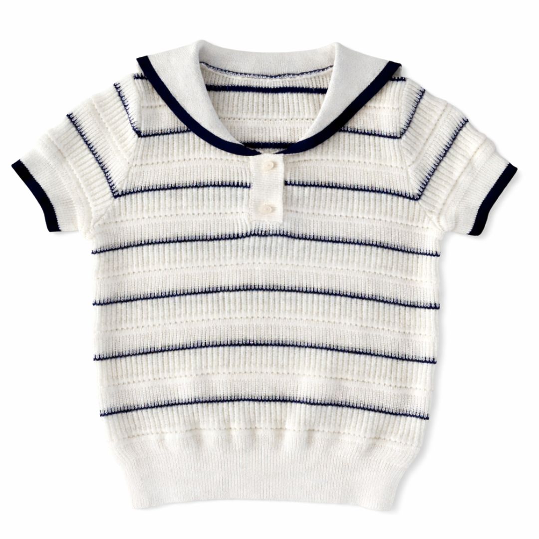 Navy Detailed White Knit Short Sleeve Sweater