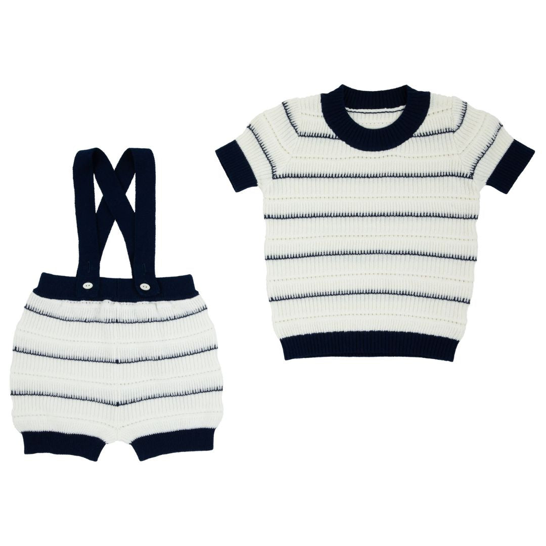 Navy Detailed White Knit Overals Set